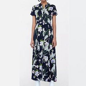 ZARA Navy Crane Print Button-down Maxi Dress